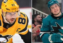 Split image comparing NHL superstars Sidney Crosby of the Pittsburgh Penguins and Macklin Celebrini of the San Jose Sharks. The left side shows Crosby focused; the right side shows Celebrini smiling.