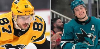 Split image comparing NHL superstars Sidney Crosby of the Pittsburgh Penguins and Macklin Celebrini of the San Jose Sharks. The left side shows Crosby focused; the right side shows Celebrini smiling.