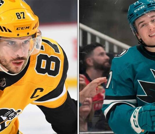 NHL News: Penguins & Avalanche Score Big; Crosby Hits 1,100 Assists Split image comparing NHL superstars Sidney Crosby of the Pittsburgh Penguins and Macklin Celebrini of the San Jose Sharks. The left side shows Crosby focused; the right side shows Celebrini smiling.