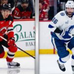 A dynamic split graphic comparing NHL stars Jack Hughes of the New Jersey Devils and Nikita Kucherov of the Tampa Bay Lightning. Hughes is shown on the left in a red home jersey stickhandling the puck, while Kucherov is on the right in a white away jersey skating. Both players prominently wear jersey number 86.