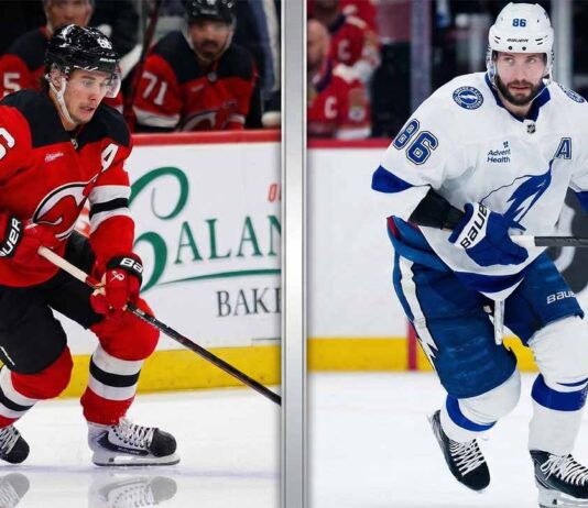 A dynamic split graphic comparing NHL stars Jack Hughes of the New Jersey Devils and Nikita Kucherov of the Tampa Bay Lightning. Hughes is shown on the left in a red home jersey stickhandling the puck, while Kucherov is on the right in a white away jersey skating. Both players prominently wear jersey number 86.