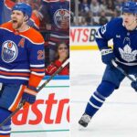 NHL image showing Leon Draisaitl (Oilers, #29) celebrating and Matthew Knies (Leafs, #23) skating, illustrating breaking NHL news from March 17, 2026, regarding injuries and trade rumors.