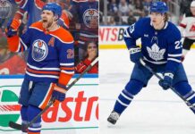 Latest NHL News & Scores (March 17, 2026) | Trade Rumors & Playoff Race NHL image showing Leon Draisaitl (Oilers, #29) celebrating and Matthew Knies (Leafs, #23) skating, illustrating breaking NHL news from March 17, 2026, regarding injuries and trade rumors.