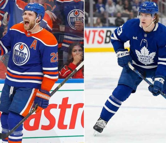 NHL image showing Leon Draisaitl (Oilers, #29) celebrating and Matthew Knies (Leafs, #23) skating, illustrating breaking NHL news from March 17, 2026, regarding injuries and trade rumors.