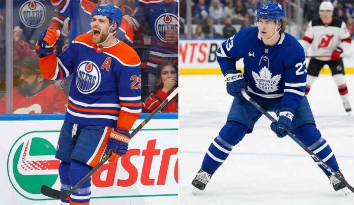NHL image showing Leon Draisaitl (Oilers, #29) celebrating and Matthew Knies (Leafs, #23) skating, illustrating breaking NHL news from March 17, 2026, regarding injuries and trade rumors.
