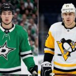 Unbelievable NHL News: Historic Streaks, Malkin Drama & Feb 28 Scores! A split image showing Dallas Stars forward Jason Robertson in his green jersey on the left and Pittsburgh Penguins center Evgeni Malkin in his white away jersey on the right.