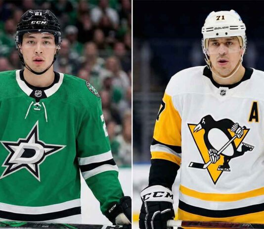 Unbelievable NHL News: Historic Streaks, Malkin Drama & Feb 28 Scores! A split image showing Dallas Stars forward Jason Robertson in his green jersey on the left and Pittsburgh Penguins center Evgeni Malkin in his white away jersey on the right.