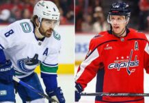 Split photo showing Vancouver Canucks forward Conor Garland on the left and Washington Capitals defenseman John Carlson on the right, both wearing their respective team jerseys on the ice, in the context of the latest NHL news and potential trade rumors.