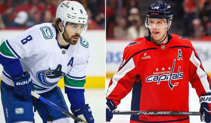 Split photo showing Vancouver Canucks forward Conor Garland on the left and Washington Capitals defenseman John Carlson on the right, both wearing their respective team jerseys on the ice, in the context of the latest NHL news and potential trade rumors.