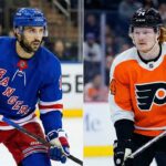 Massive Coaching Shakeup & Blockbuster NHL Trade Rumors Erupt! A split image showing two NHL players. On the left, Vincent Trocheck of the New York Rangers is in a blue jersey, holding his stick and looking right. On the right, Owen Tippett of the Philadelphia Flyers is in an orange jersey, holding his stick and looking left.