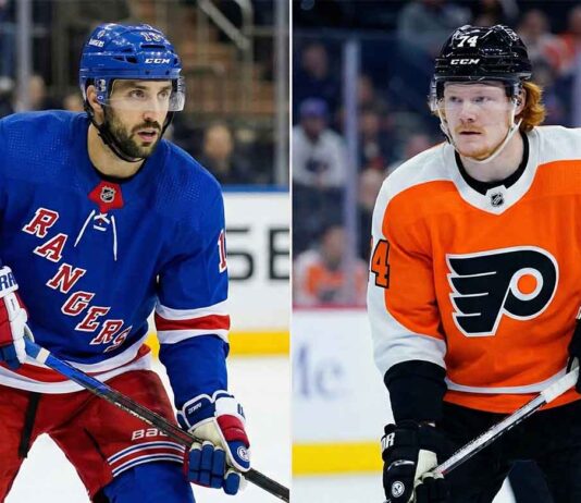 Massive Coaching Shakeup & Blockbuster NHL Trade Rumors Erupt! A split image showing two NHL players. On the left, Vincent Trocheck of the New York Rangers is in a blue jersey, holding his stick and looking right. On the right, Owen Tippett of the Philadelphia Flyers is in an orange jersey, holding his stick and looking left.