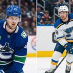 A split image showing two NHL players. On the left, Elias Pettersson of the Vancouver Canucks looks intently, and on the right, Robert Thomas of the St. Louis Blues skates with the puck.