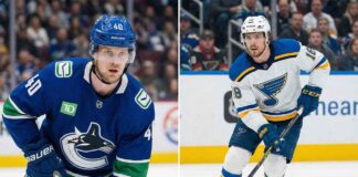 A split image showing two NHL players. On the left, Elias Pettersson of the Vancouver Canucks looks intently, and on the right, Robert Thomas of the St. Louis Blues skates with the puck.