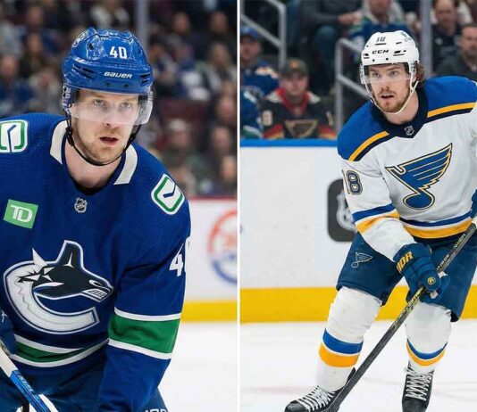 A split image showing two NHL players. On the left, Elias Pettersson of the Vancouver Canucks looks intently, and on the right, Robert Thomas of the St. Louis Blues skates with the puck.
