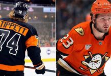 Philadelphia Flyers forward Owen Tippett and Anaheim Ducks center Mason McTavish in a split image illustrating NHL trade rumors.
