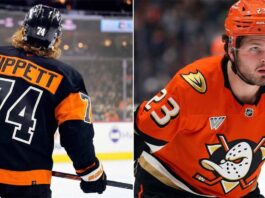 Owen Tippett for Mason McTavish Trade Rumors: Flyers & Ducks Analysis Philadelphia Flyers forward Owen Tippett and Anaheim Ducks center Mason McTavish in a split image illustrating NHL trade rumors.