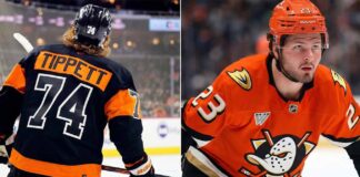 Philadelphia Flyers forward Owen Tippett and Anaheim Ducks center Mason McTavish in a split image illustrating NHL trade rumors.
