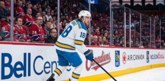 St. Louis Blues center Robert Thomas #18 skating on the ice at the Bell Centre in Montreal during a game against the Canadiens, a potential destination in NHL trade rumors.
