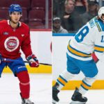A split photograph shows Montreal Canadiens prospect Michael Hage in a red practice jersey on the left, and St. Louis Blues center Robert Thomas in a white away jersey skating with the puck on the right, highlighting the two players involved in recent NHL trade rumors.