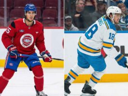 The Blockbuster Trade Rumor: Will the Montreal Canadiens Land Robert Thomas? A split photograph shows Montreal Canadiens prospect Michael Hage in a red practice jersey on the left, and St. Louis Blues center Robert Thomas in a white away jersey skating with the puck on the right, highlighting the two players involved in recent NHL trade rumors.