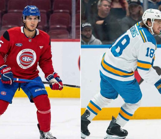 A split photograph shows Montreal Canadiens prospect Michael Hage in a red practice jersey on the left, and St. Louis Blues center Robert Thomas in a white away jersey skating with the puck on the right, highlighting the two players involved in recent NHL trade rumors.