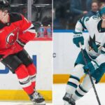 A split screen image comparing New Jersey Devils defenseman Simon Nemec (left) in a red jersey and San Jose Sharks forward William Eklund (right) in a white jersey, fueling NHL trade rumors.