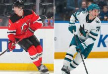 A split screen image comparing New Jersey Devils defenseman Simon Nemec (left) in a red jersey and San Jose Sharks forward William Eklund (right) in a white jersey, fueling NHL trade rumors.