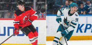 A split screen image comparing New Jersey Devils defenseman Simon Nemec (left) in a red jersey and San Jose Sharks forward William Eklund (right) in a white jersey, fueling NHL trade rumors.