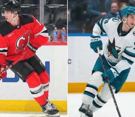 A split screen image comparing New Jersey Devils defenseman Simon Nemec (left) in a red jersey and San Jose Sharks forward William Eklund (right) in a white jersey, fueling NHL trade rumors.