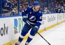 Tampa Bay Lightning hockey player in blue uniform skating with stick during a game, representing breakout defenseman Darren Raddysh.