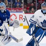 Split graphic featuring Toronto Maple Leafs goaltenders Joseph Woll (left, No. 60) in a home jersey and Anthony Stolarz (right, No. 41) in an away jersey, highlighting the team's goalie trade dilemma.