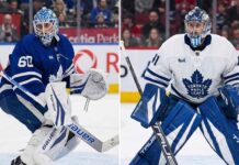 Split graphic featuring Toronto Maple Leafs goaltenders Joseph Woll (left, No. 60) in a home jersey and Anthony Stolarz (right, No. 41) in an away jersey, highlighting the team's goalie trade dilemma.