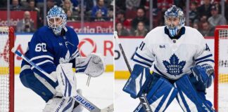Split graphic featuring Toronto Maple Leafs goaltenders Joseph Woll (left, No. 60) in a home jersey and Anthony Stolarz (right, No. 41) in an away jersey, highlighting the team's goalie trade dilemma.