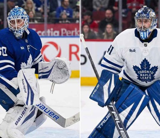 Split graphic featuring Toronto Maple Leafs goaltenders Joseph Woll (left, No. 60) in a home jersey and Anthony Stolarz (right, No. 41) in an away jersey, highlighting the team's goalie trade dilemma.