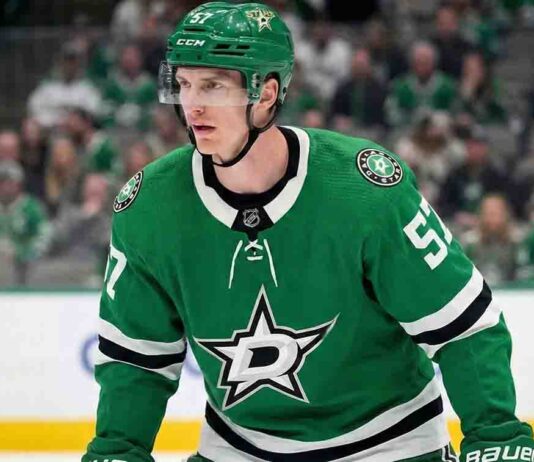 Why Tyler Myers Rejected Detroit for the Dallas Stars Trade New Dallas Stars defenseman Tyler Myers wearing number 57 in the green home uniform on the ice following his trade from the Vancouver Canucks.