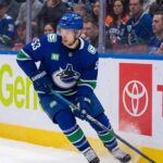 Vancouver Canucks center Teddy Blueger #53 skating on the ice with focused expression during an NHL game, highlighting key team depth.