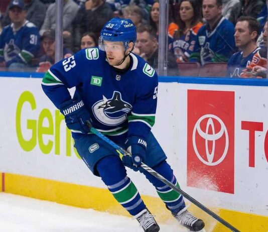 Vancouver Canucks center Teddy Blueger #53 skating on the ice with focused expression during an NHL game, highlighting key team depth.