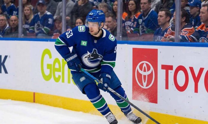 Vancouver Canucks center Teddy Blueger #53 skating on the ice with focused expression during an NHL game, highlighting key team depth.