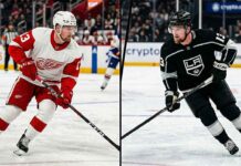 A split image visualizing potential New York Rangers trade rumors, showing forward Alexis Lafreniere in a Detroit Red Wings jersey on the left and a Los Angeles Kings jersey on the right, both wearing number 13.