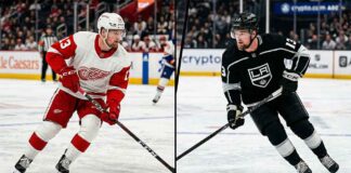 A split image visualizing potential New York Rangers trade rumors, showing forward Alexis Lafreniere in a Detroit Red Wings jersey on the left and a Los Angeles Kings jersey on the right, both wearing number 13.