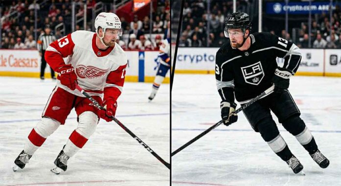 A split image visualizing potential New York Rangers trade rumors, showing forward Alexis Lafreniere in a Detroit Red Wings jersey on the left and a Los Angeles Kings jersey on the right, both wearing number 13.
