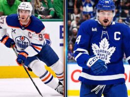 Are the Toronto Maple Leafs Trading Auston Matthews? The Truth Revealed A side-by-side comparison image of Connor McDavid and Auston Matthews, illustrating the potential blockbuster scenario of both superstar centers playing for the Toronto Maple Leafs.