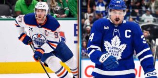 A side-by-side comparison image of Connor McDavid and Auston Matthews, illustrating the potential blockbuster scenario of both superstar centers playing for the Toronto Maple Leafs.