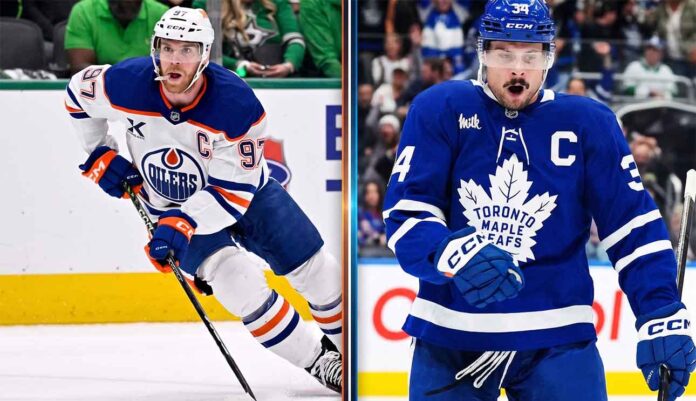 auston-matthews-toronto-maple-leafs-trade-rumors A side-by-side comparison image of Connor McDavid and Auston Matthews, illustrating the potential blockbuster scenario of both superstar centers playing for the Toronto Maple Leafs.