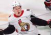 Ottawa Senators forward Brady Tkachuk looking determined on the ice, amid NHL trade rumors linking him to the New Jersey Devils.