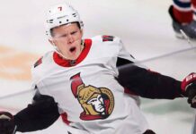 Ottawa Senators forward Brady Tkachuk looking determined on the ice, amid NHL trade rumors linking him to the New Jersey Devils.