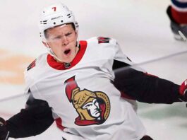 Ottawa Senators forward Brady Tkachuk looking determined on the ice, amid NHL trade rumors linking him to the New Jersey Devils.