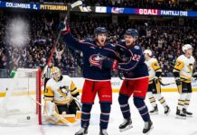 Columbus Blue Jackets (CBJ) young stars Adam Fantilli and Cole Sillinger celebrate after scoring a goal against the Pittsburgh Penguins.