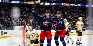 Columbus Blue Jackets (CBJ) young stars Adam Fantilli and Cole Sillinger celebrate after scoring a goal against the Pittsburgh Penguins.