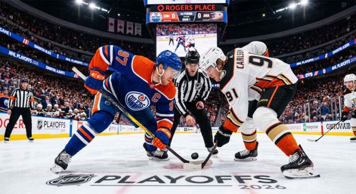 Edmonton Oilers captain Connor McDavid (#97) and Anaheim Ducks center Leo Carlsson (#91) taking a face-off at center ice during NHL Playoffs Game 1 at Rogers Place.